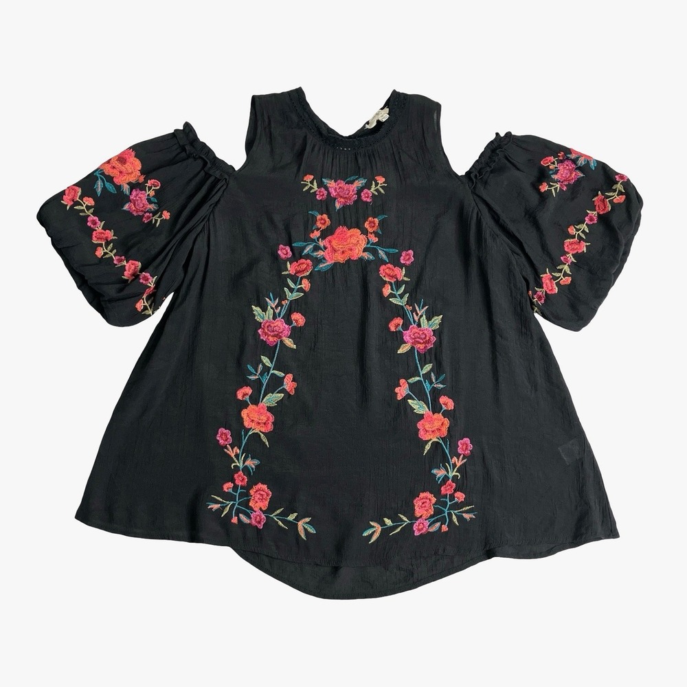 Umgee Floral Embroidered Cold‎ Shoulder Top Womens Medium Black Boho Puff Sleeve